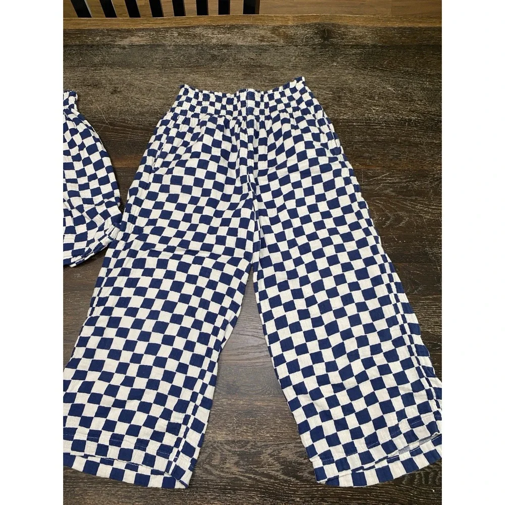 2PC Hanna Andersson Smocked Cami Top & Wide Leg Pant Set Navy White Check 10/12